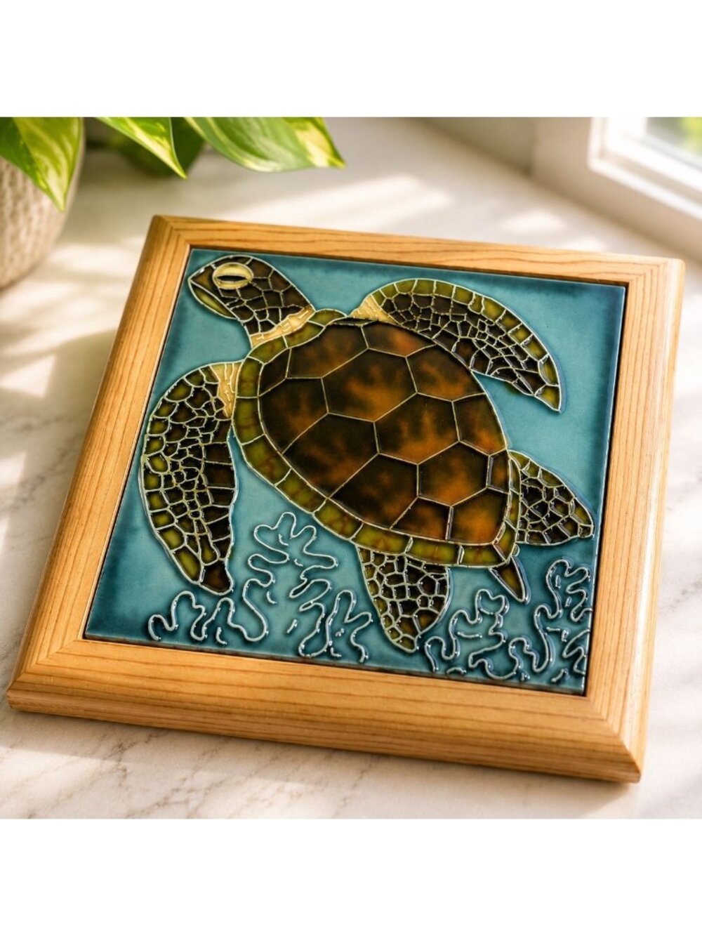 Framed Ceramic Sea Turtle Tile Wall Art 8.5" x 8.5" Ocean Coral Accent Decor